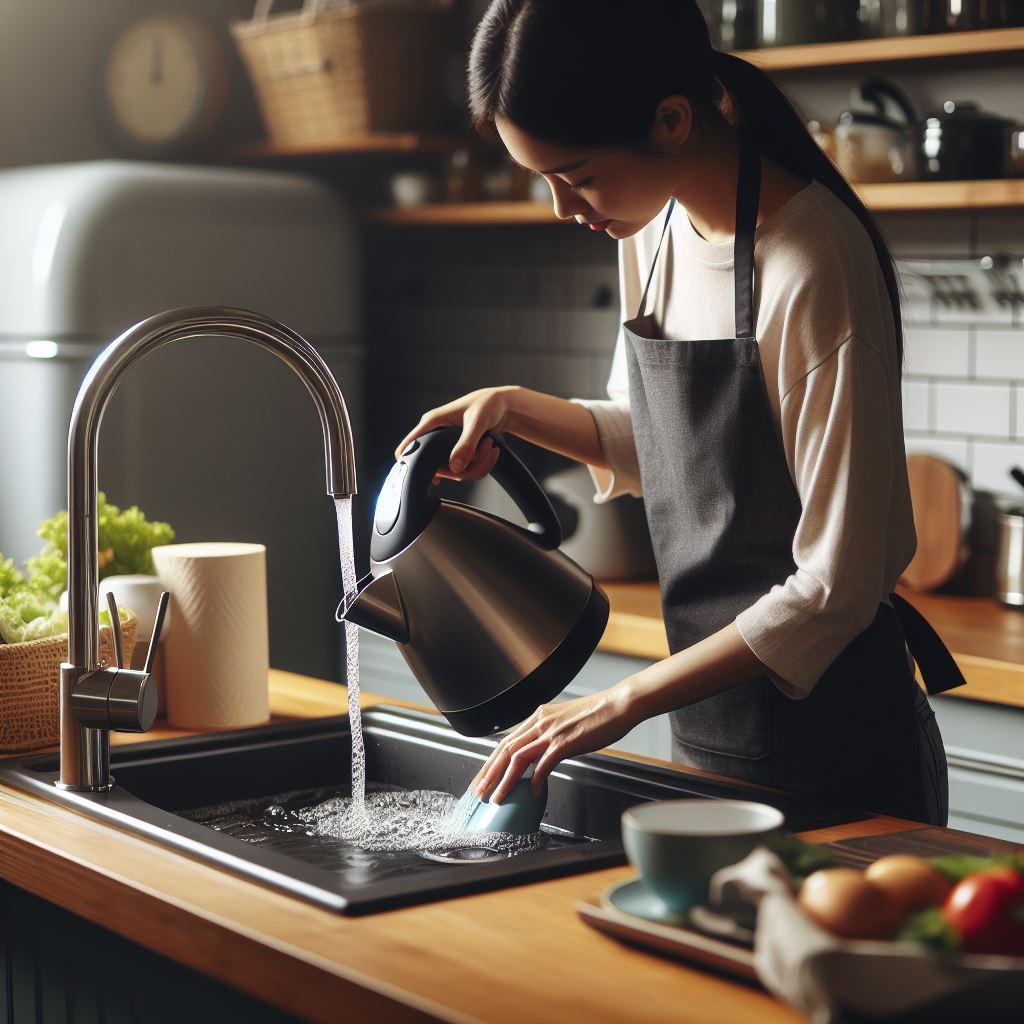 a lady cleaning an electric kettle in the kitchen sink