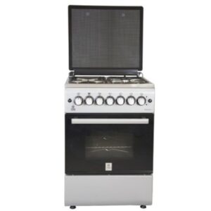 MIKA Standing Cooker, 58cm x 58cm, 3Gas Pool Jet Burners + 1 RAPID Hot Plate, FLAME FAILURE SAFETY, Button Ignition, 4 Function Electric Oven, Rotisserie, S.S Hob, Silver Body