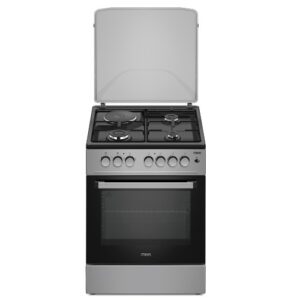 Standing Cooker, 60cm x 60cm, 3Gas Pool Jet Burners + 1 RAPID Hot Plate, Button Ignition, 3 Function Electric Oven, Black Hob, Silver Body
