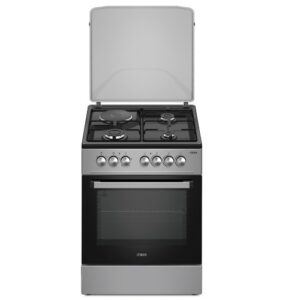 Standing Cooker, 60cm x 60cm, 3Gas Pool Jet Burners + 1 RAPID Hot Plate, Auto Ignition, 4 Function Electric Oven, Rotisserie, Black Hob, Silver Body